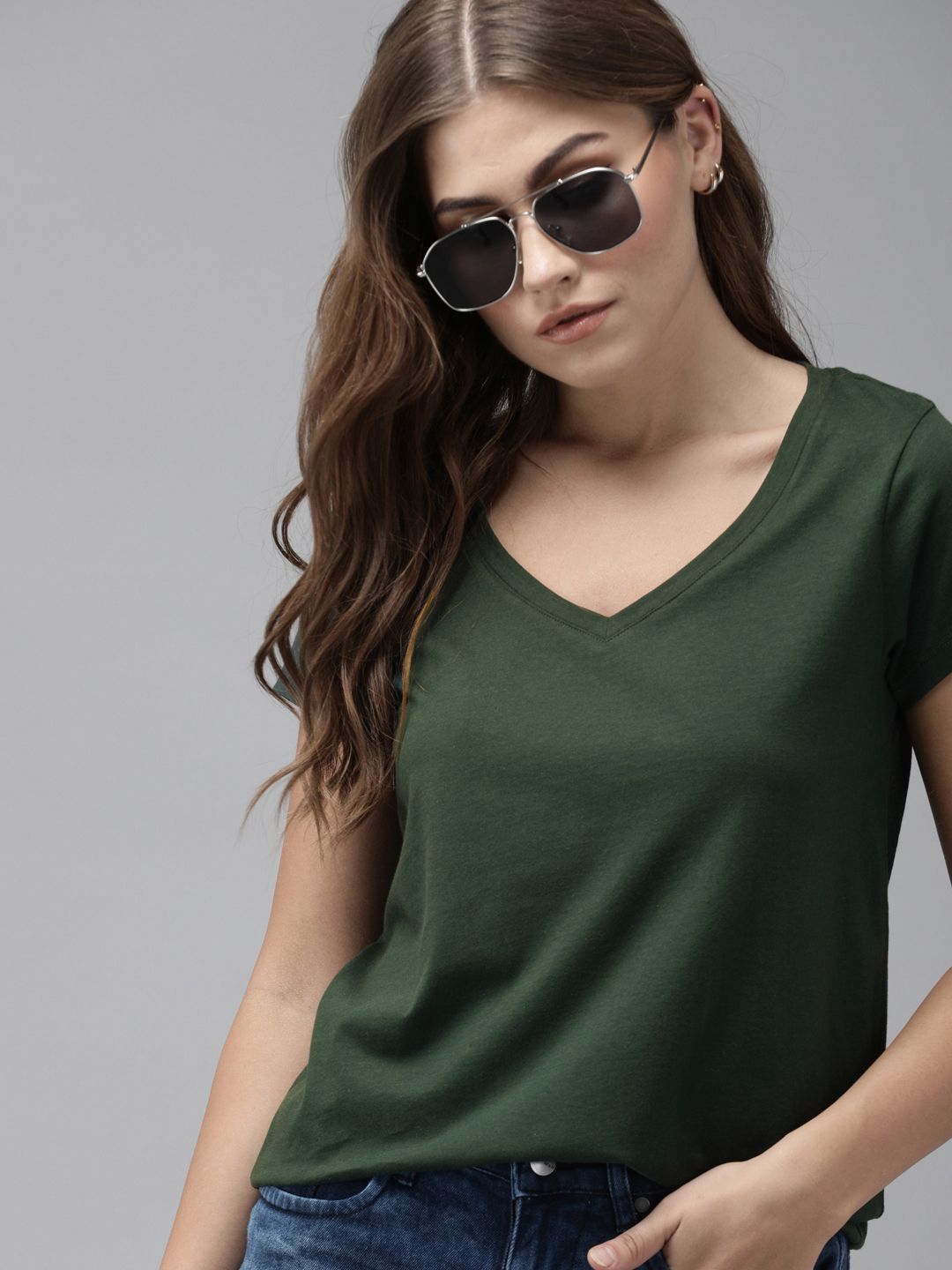 Roadster Women Dark Green Solid Pure Cotton Round Neck T-shirt