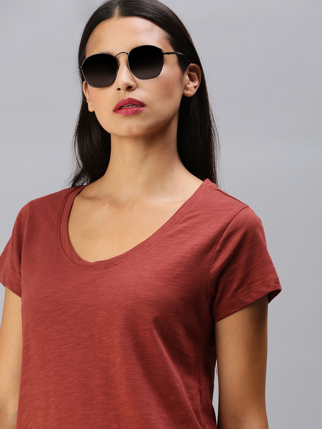 The Roadster Lifestyle Co Women Rust Red Solid V-Neck Pure Cotton T-shirt Price in India