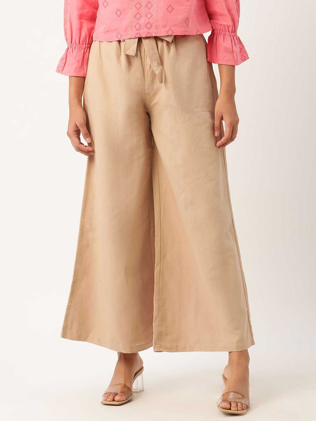 ROOTED Women Beige Regular Fit Solid Parallel Trousers Price in India