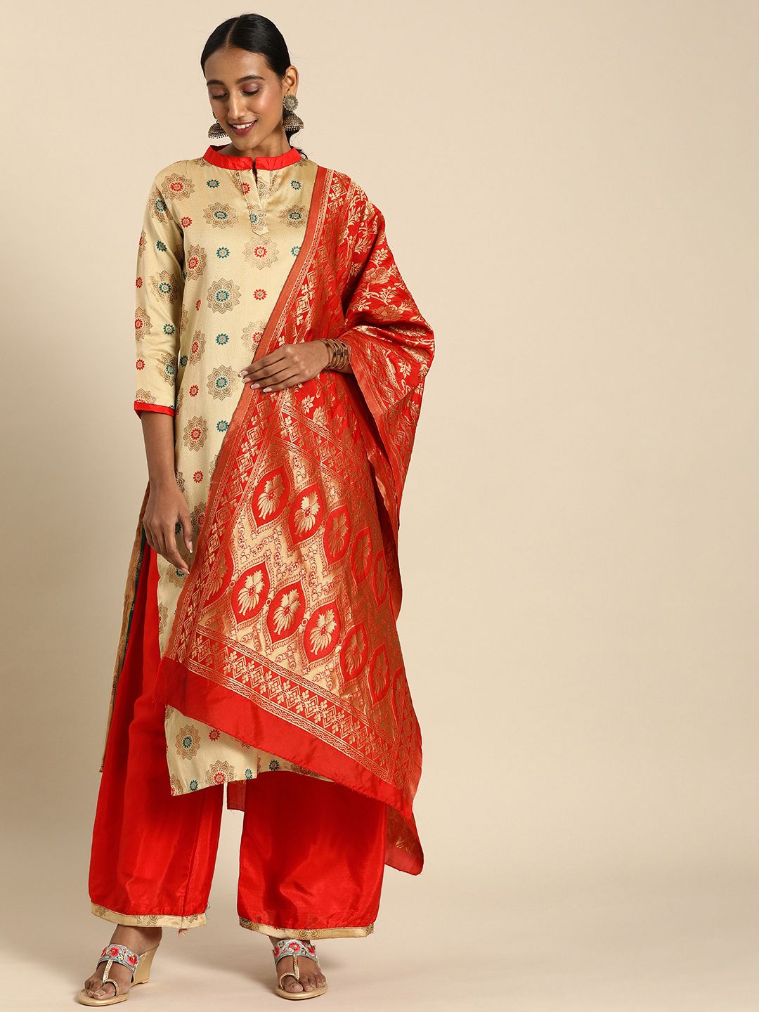 Rajnandini Beige & Red Unstitched Dress Material Price in India