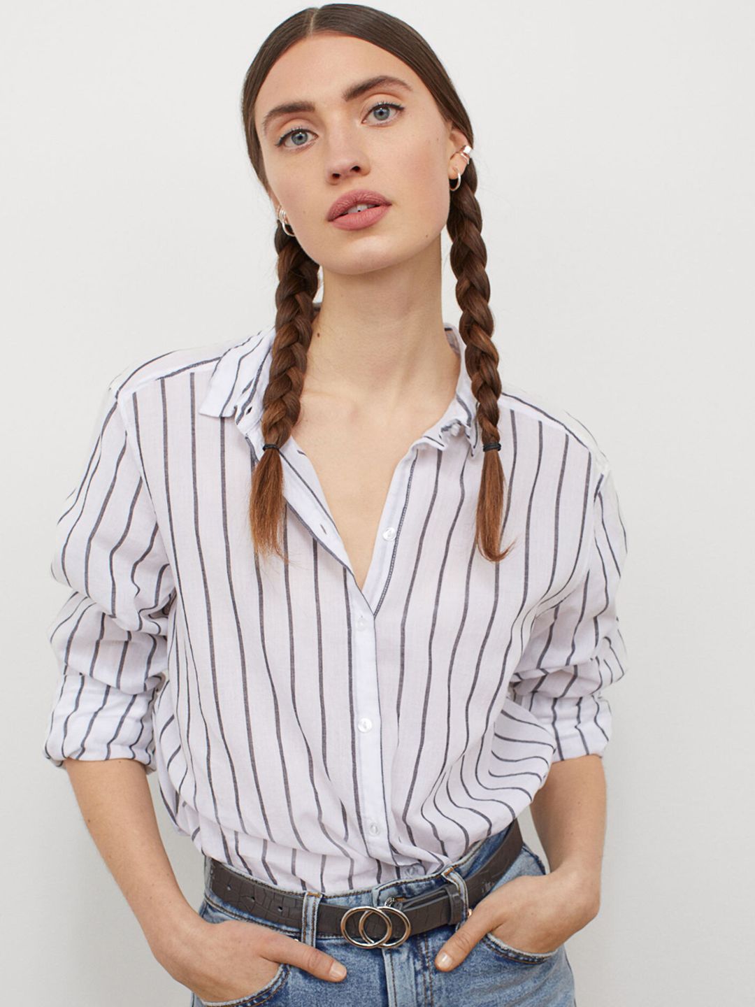 H&M Women White & Black Striped Cotton Poplin Shirt