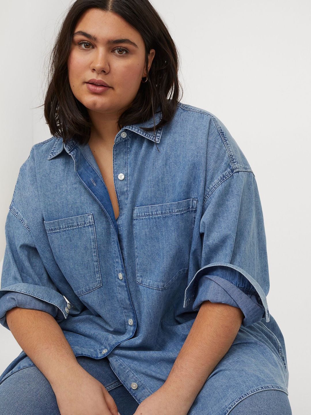 H&M Plus Women Blue Long Denim Shirt