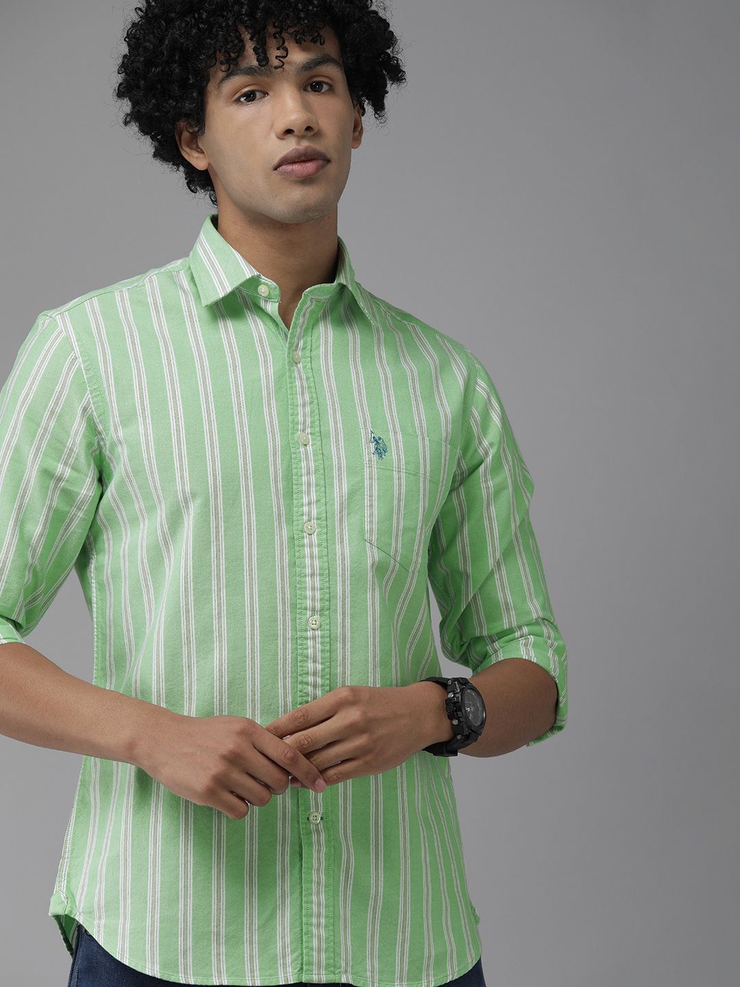 U S Polo Assn Men Green Tailored Fit Striped Casual Shirt