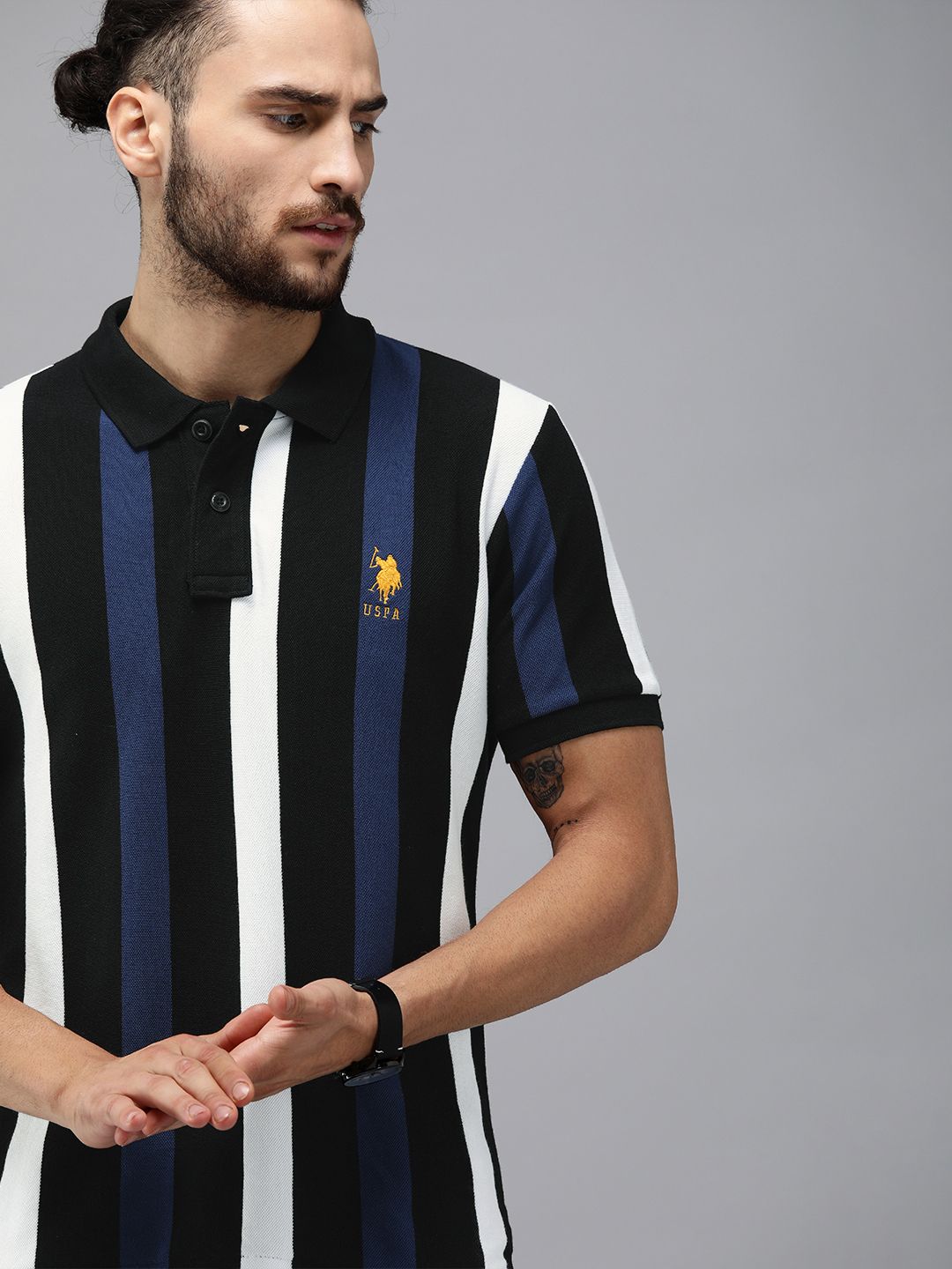 U.S. Polo Assn. Men Black & Navy Blue Slim Fit Striped Polo Collar T-shirt