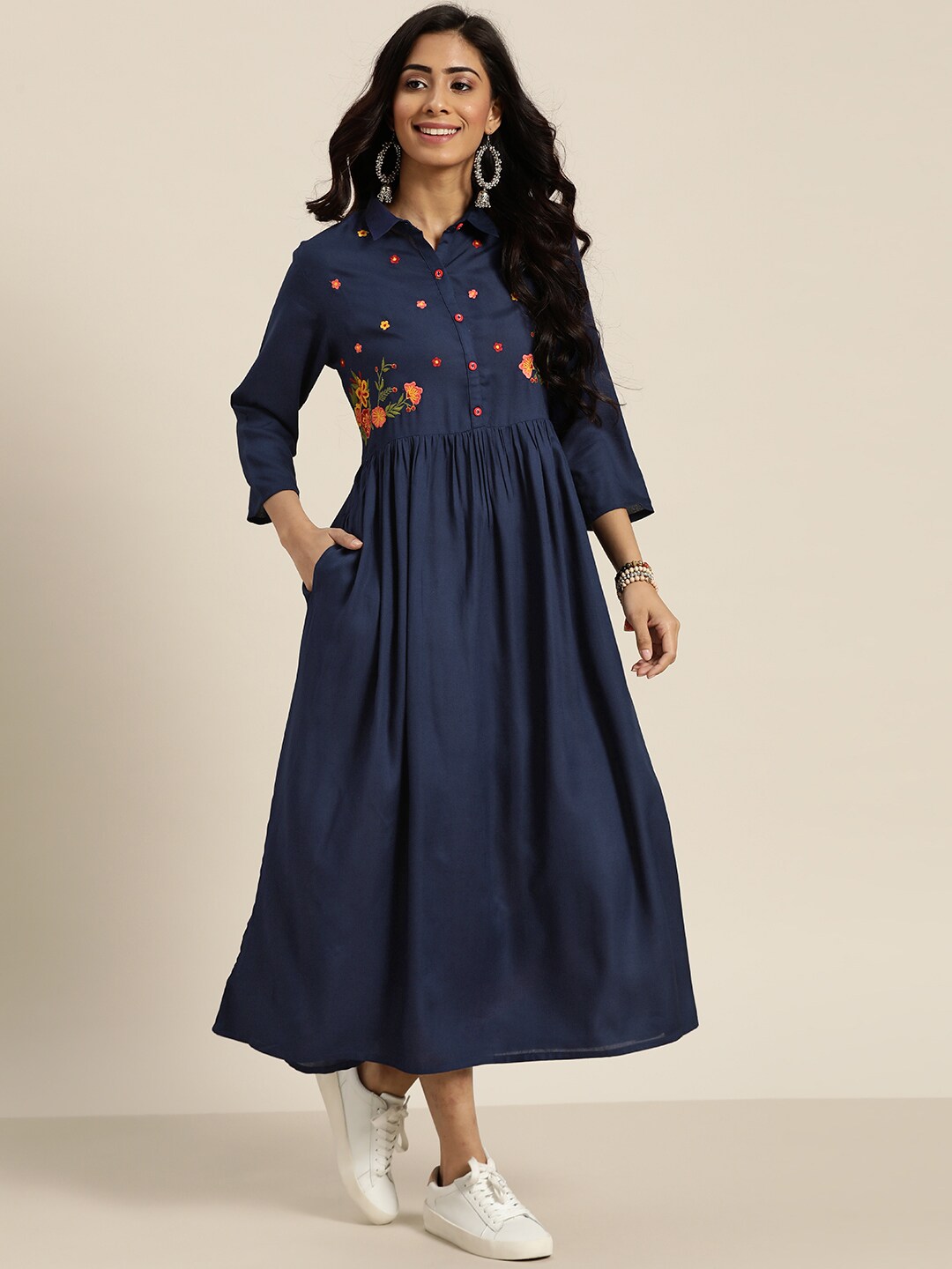 Sangria Women Navy Blue Ethnic Motifs Yoke Design Shirt Dress Price in India