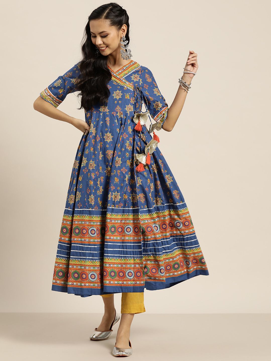 Sangria Blue & Orange Ethnic Motifs Angrakha Wrap Dress