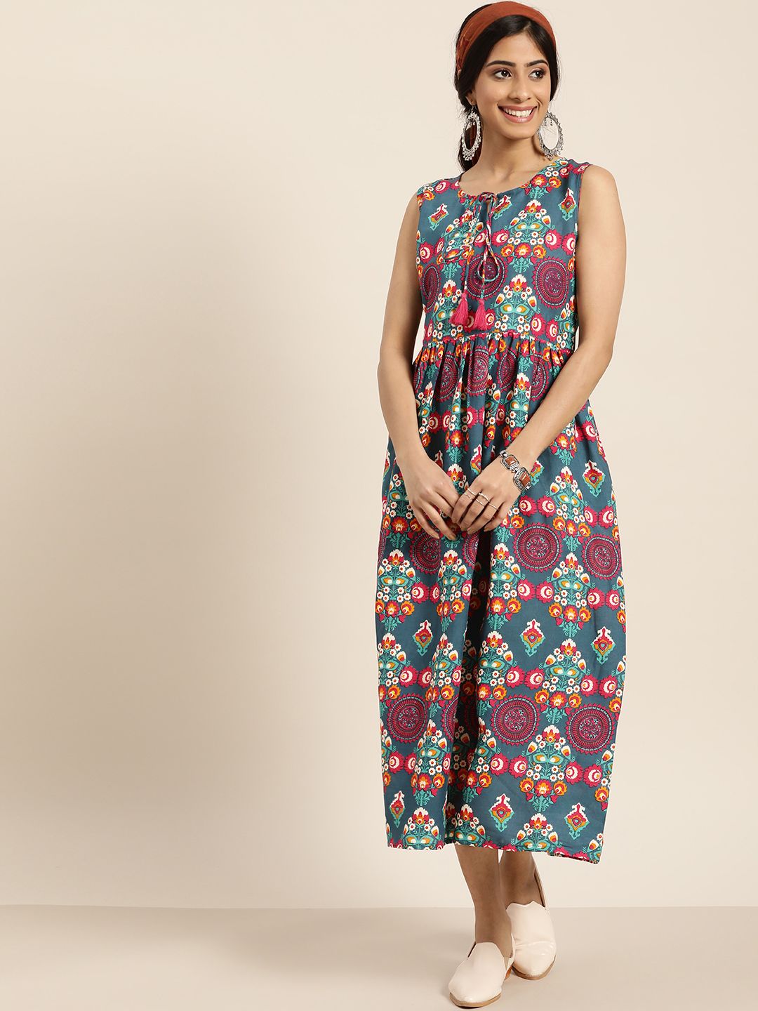 Sangria Women Teal Blue & Pink Printed A-Line Dress