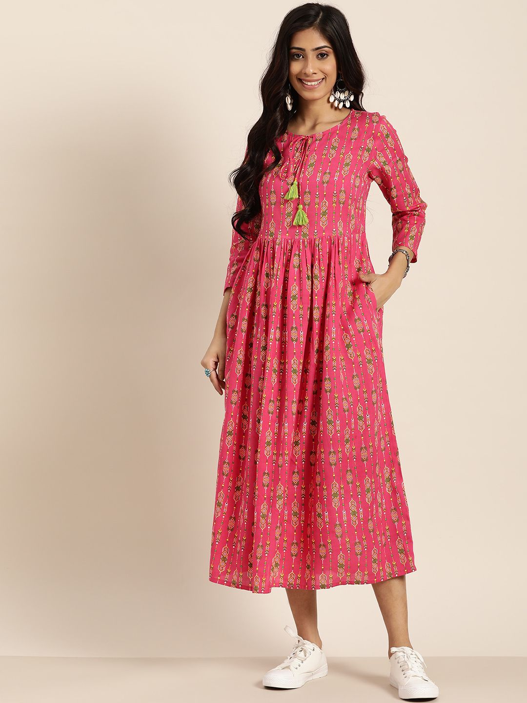 Sangria Women Pink & Green Printed A-Line Dress