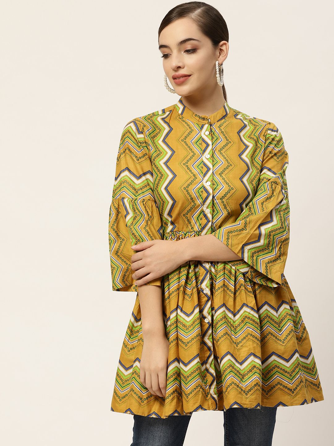 Sangria Mustard Yellow & Green Geometric Print Mandarin Collar A-Line Top