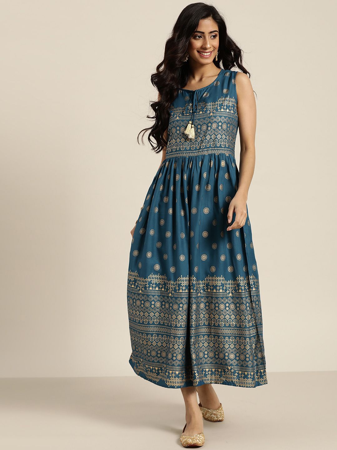 Sangria Women Teal Blue & Golden Printed A-Line Dress