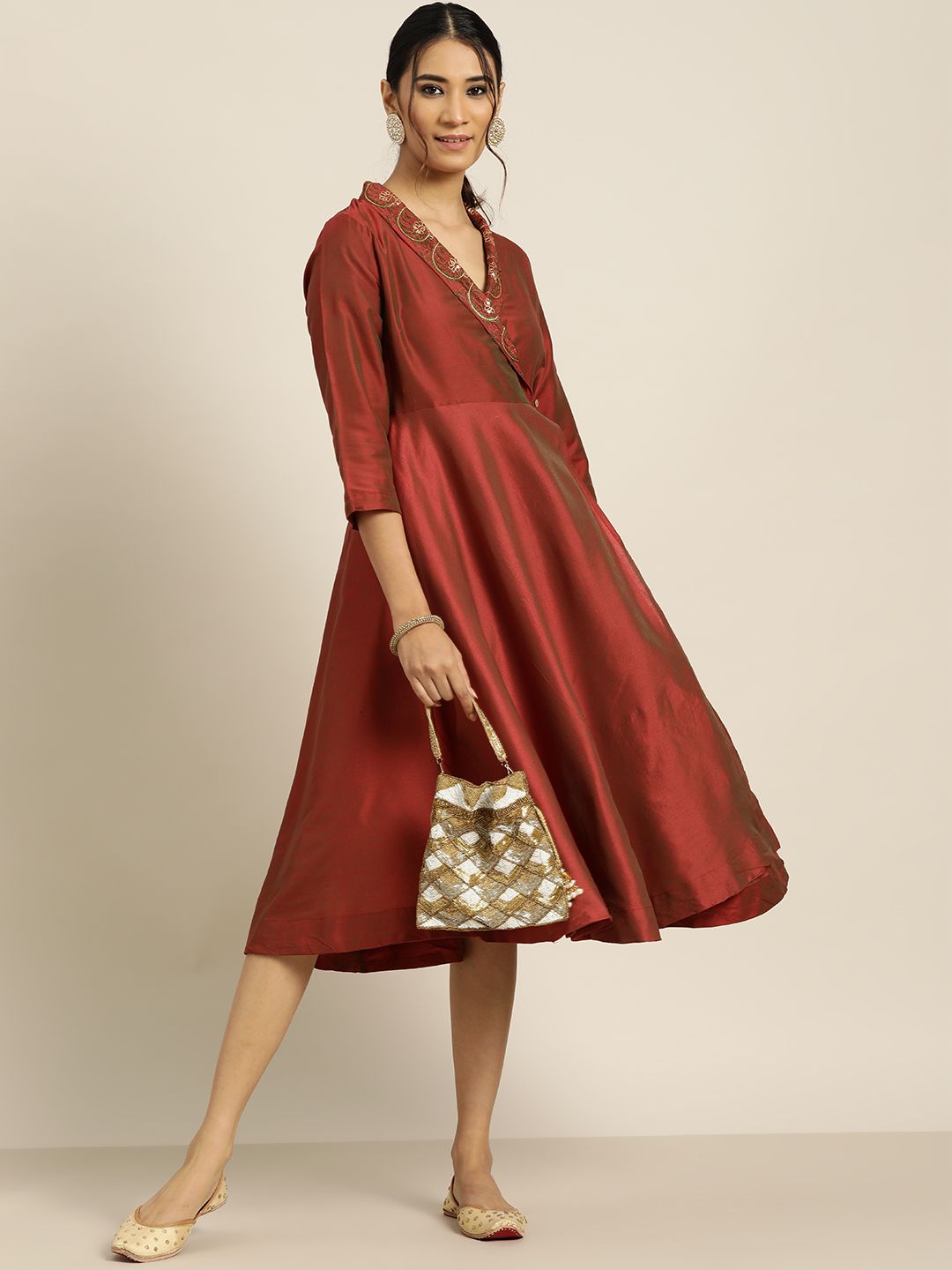 Sangria Maroon Ethnic Embroidered Midi Dress