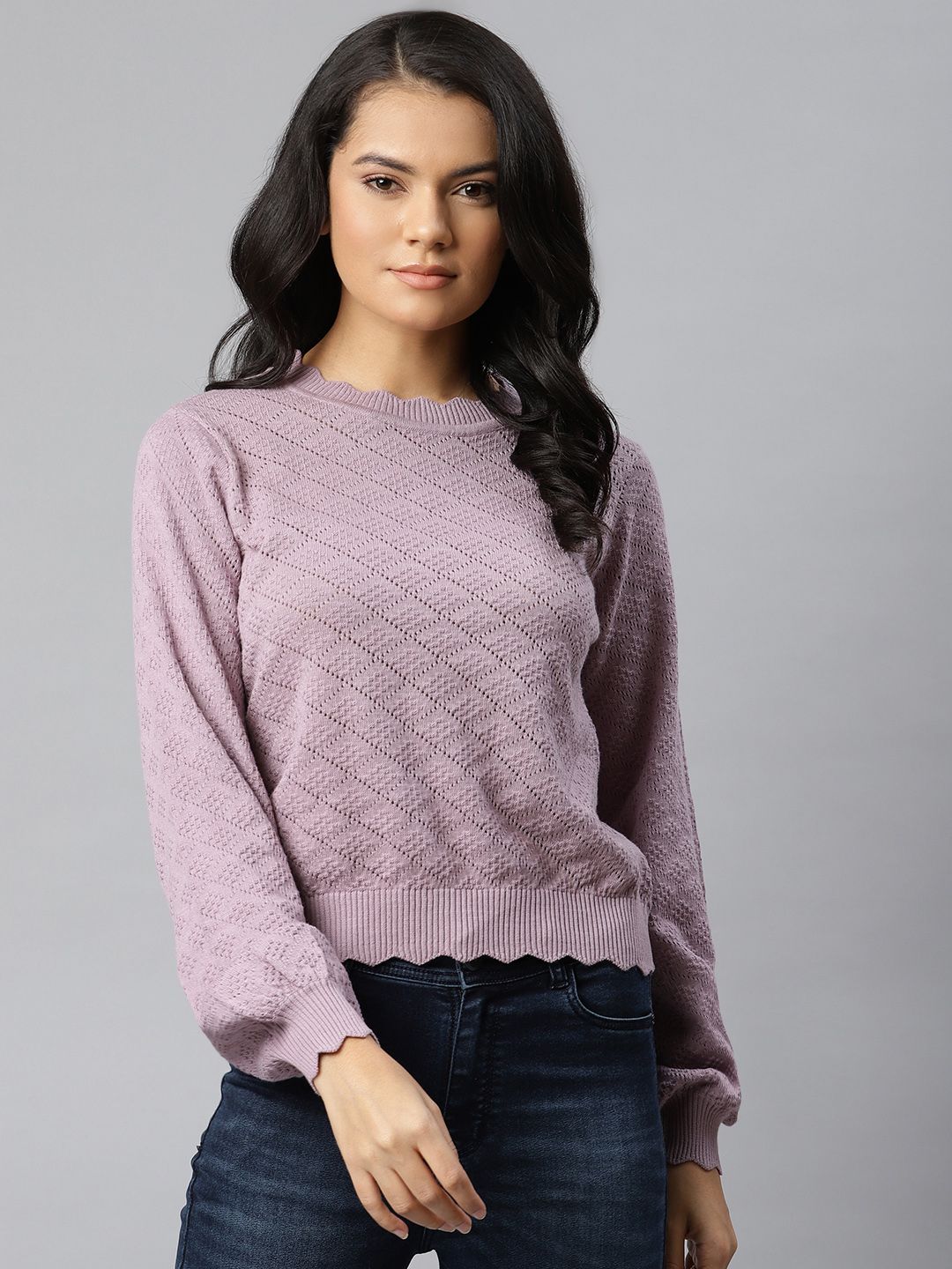 The Roadster Lifestyle Co Lavender Geometric Puff Sleeve Crochet Knit Blouson Top Price in India