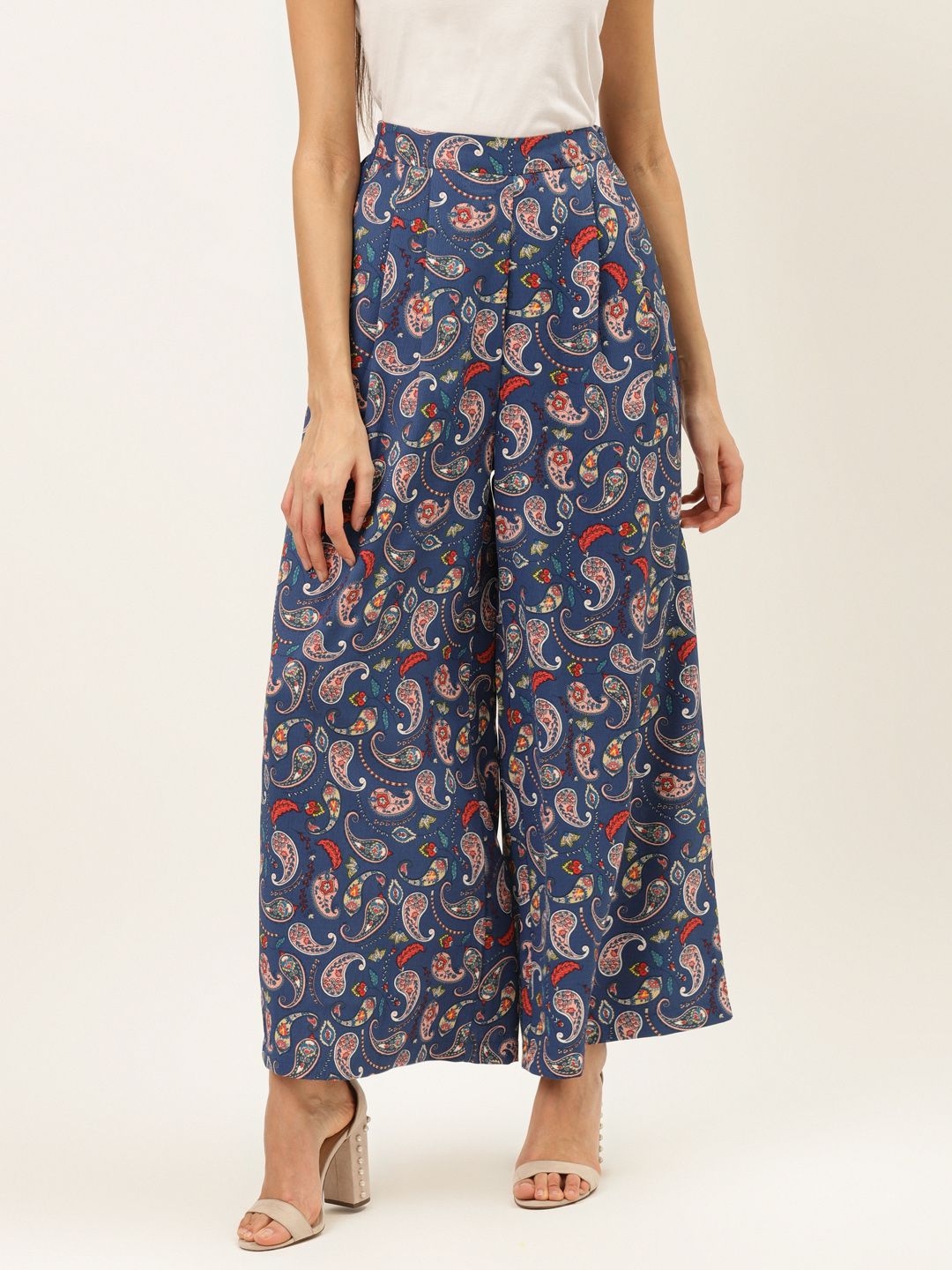 20Dresses Women Blue & Peach-Coloured Comfort Fit Printed Parallel Trousers Price in India