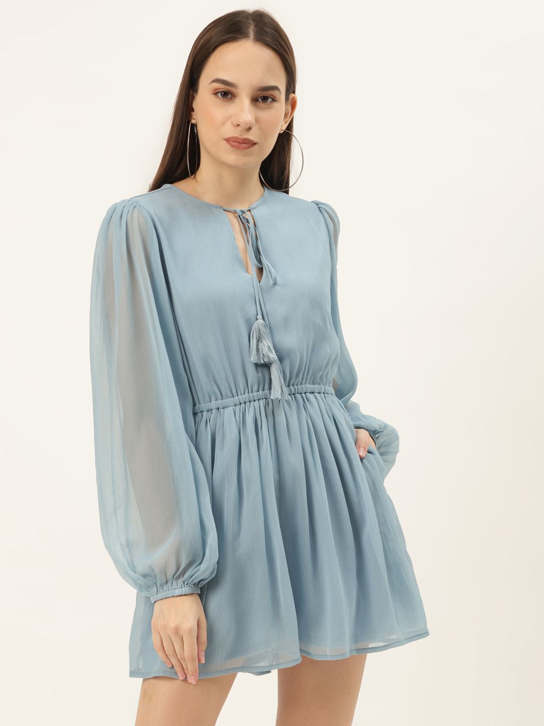 20Dresses Women Blue Solid Semi-Sheer Playsuit Price in India