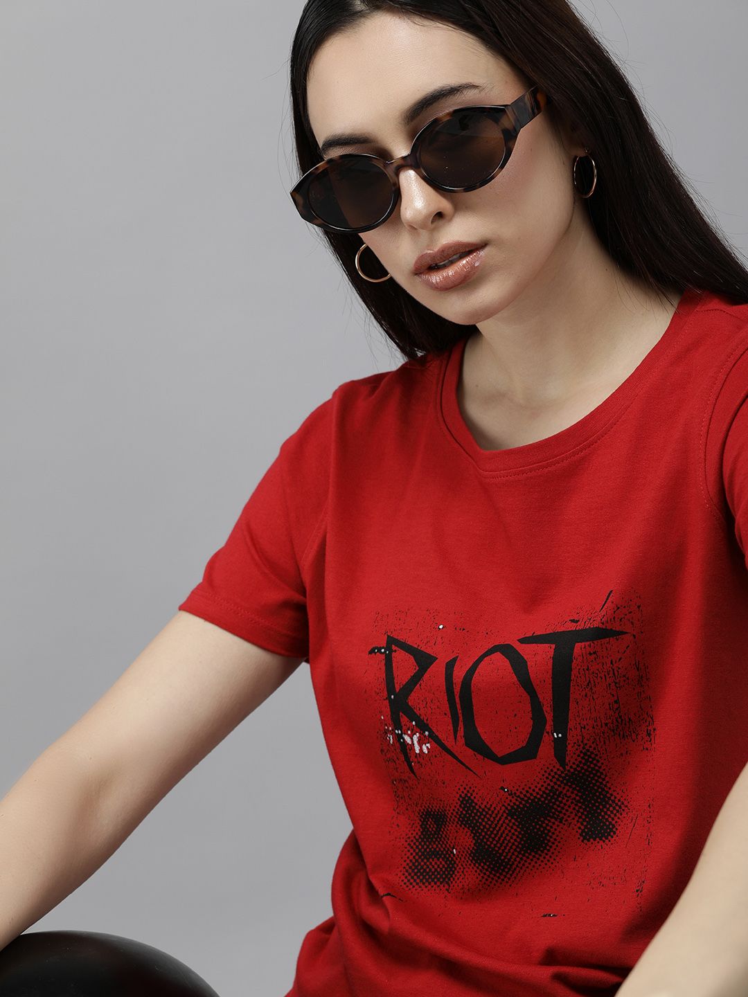 The Roadster Lifestyle Co Women Red Typography Printed Pure Cotton T-shirt Price in India