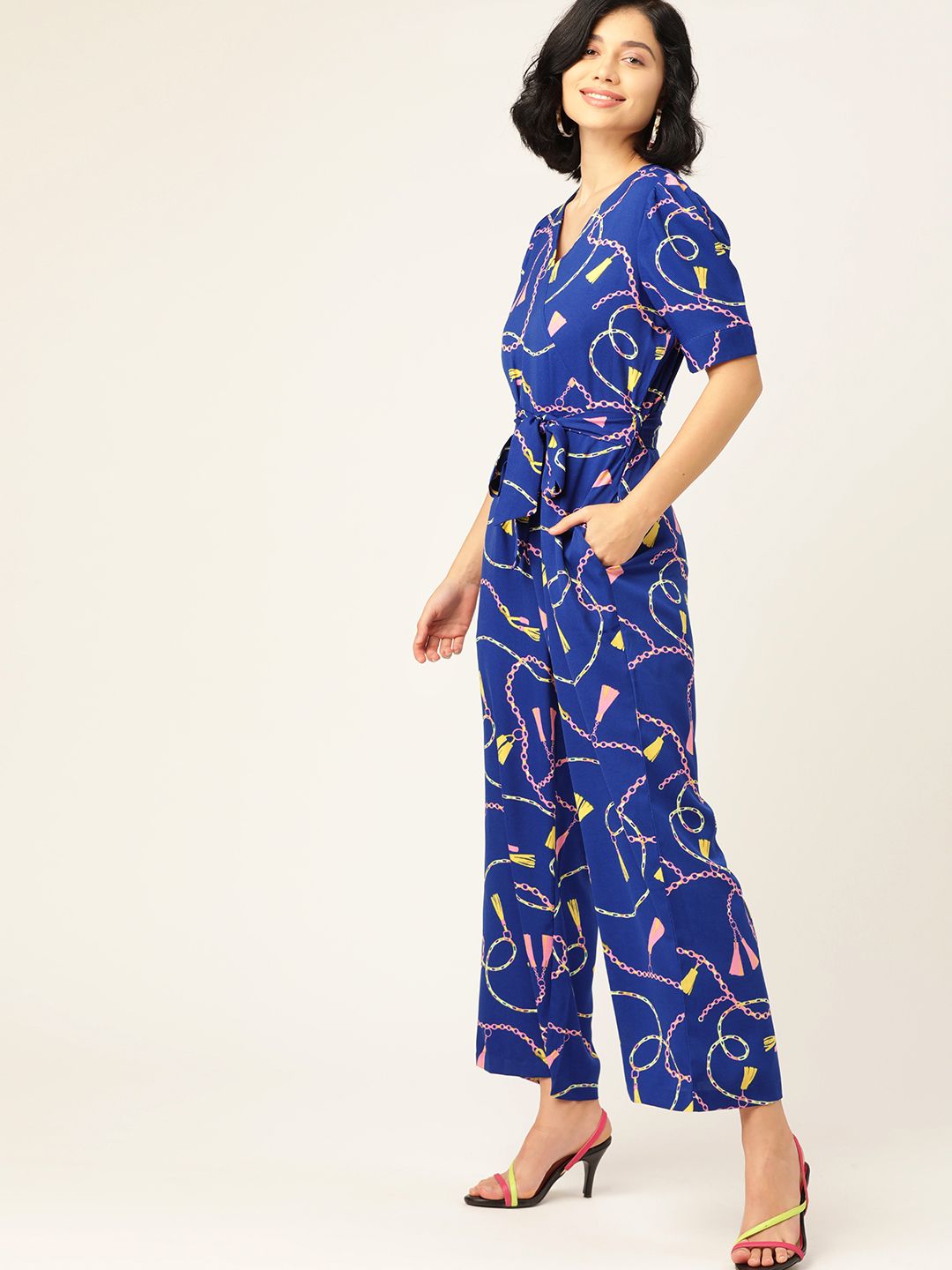 DressBerry Women Blue & Yellow Chain Print Wrap Basic Jumpsuit Price in India