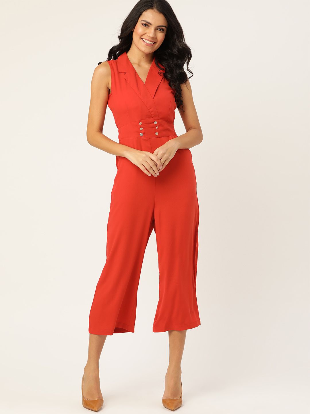 DressBerry Women Red Solid Notched lapel Collar Culotte Jumpsuit Price in India