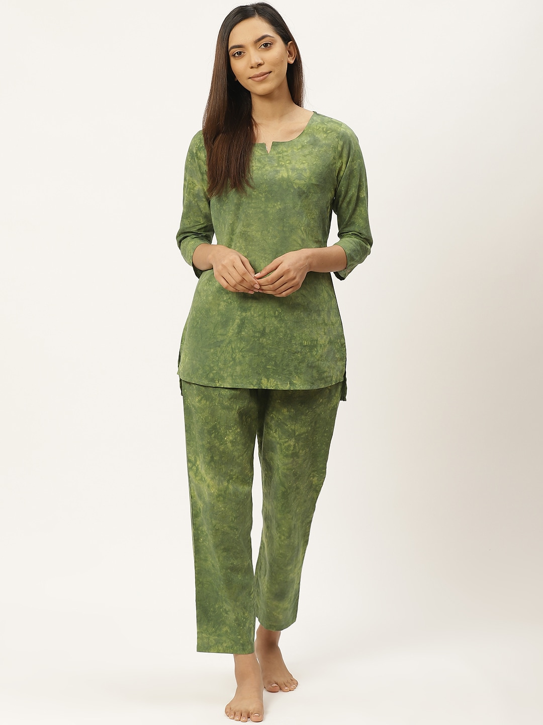 Prakrti Women Green Pure Cotton Dyed Sustainable Night suit Price in India