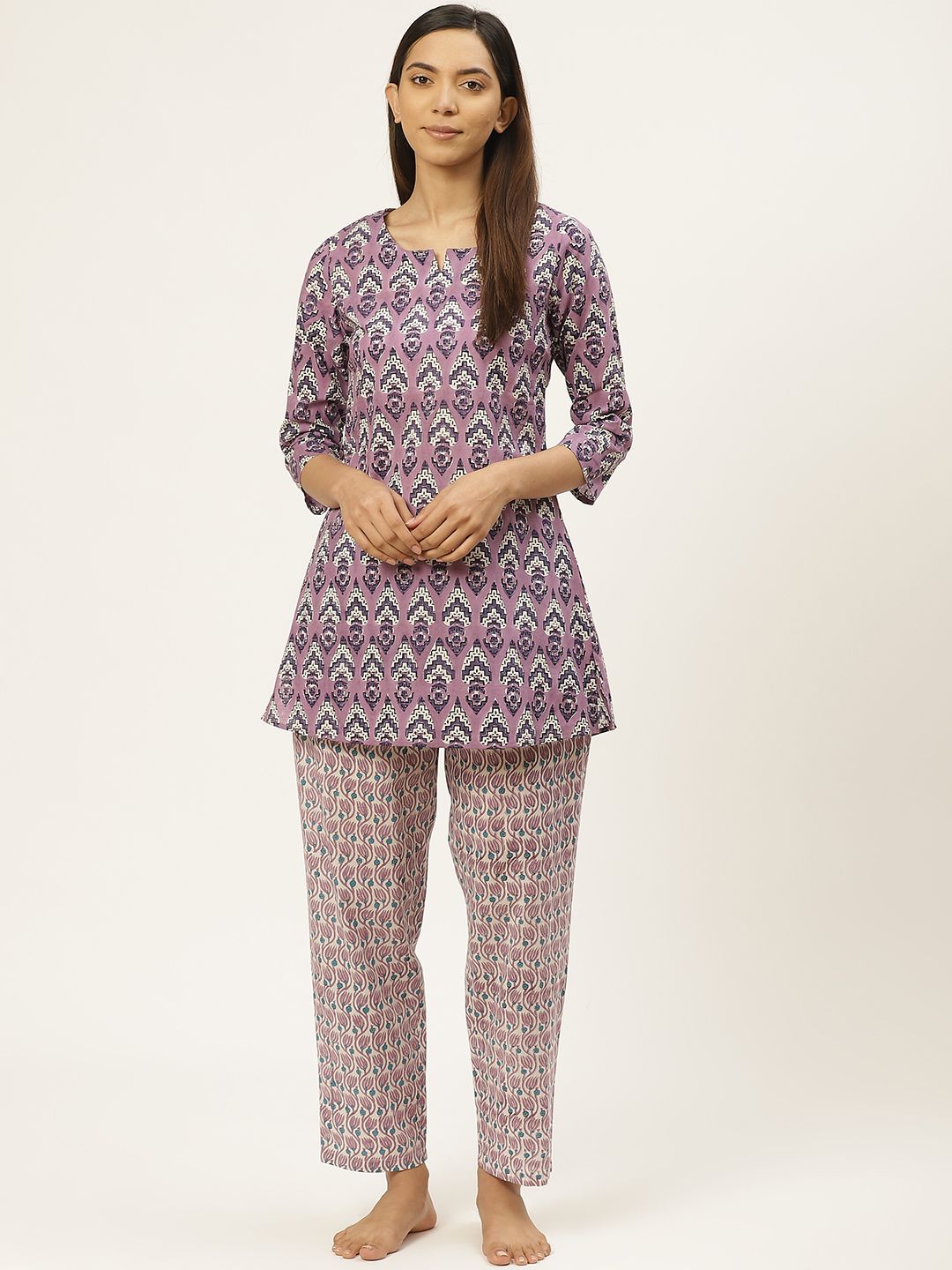 Prakrti Women Purple & Off-White Pure Cotton Handblock Print Sustainable Night suit Price in India