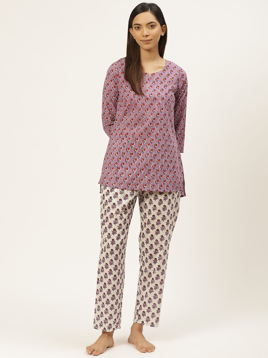 Prakrti Women Purple & White Handblock Print Pure Cotton Sustainable Night suit Price in India