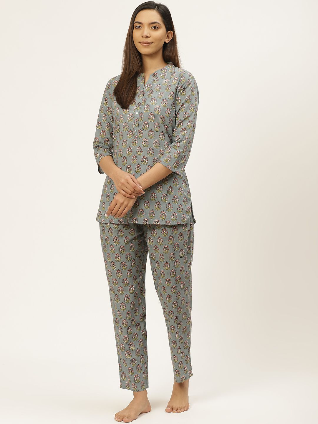 Prakrti Women Grey & Yellow Floral Printed Pure Cotton Sustainable Night suit Price in India