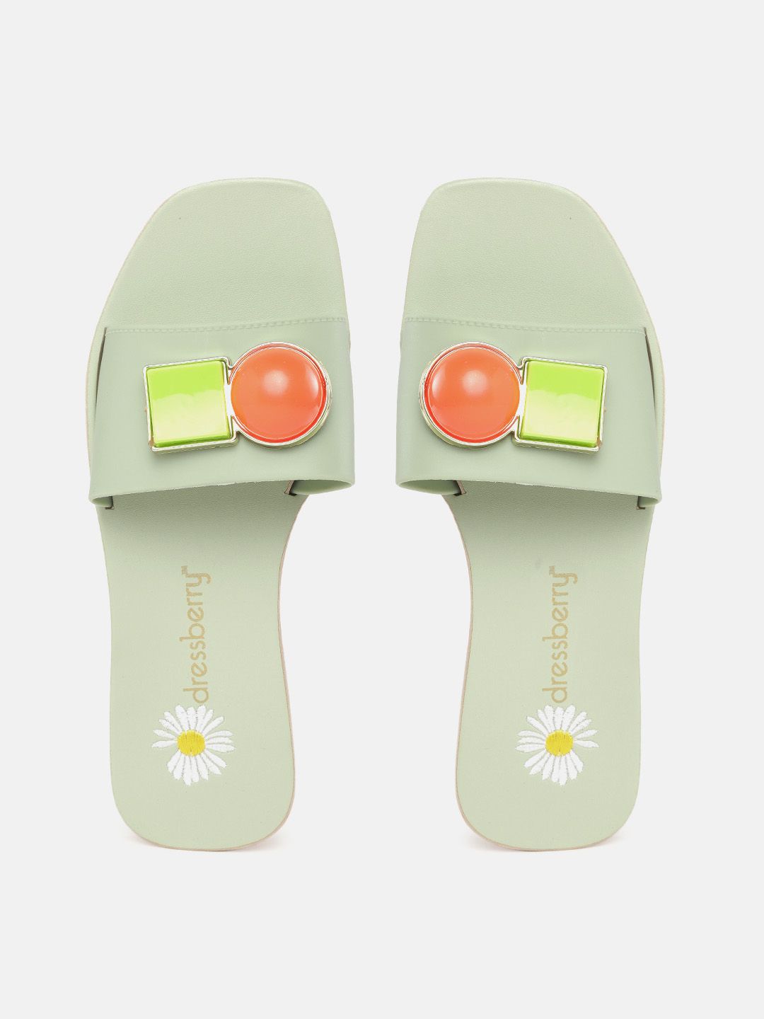 DressBerry Women Mint Green & Orange Geometric Applique Sliders Price in India