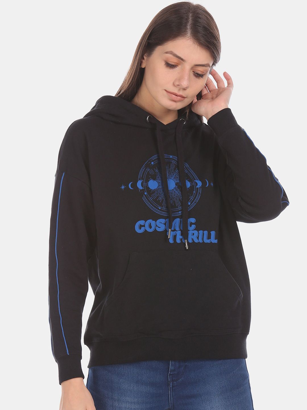 Flying Machine Women Black Printed Hooded Cotton Sweatshirt Price in India