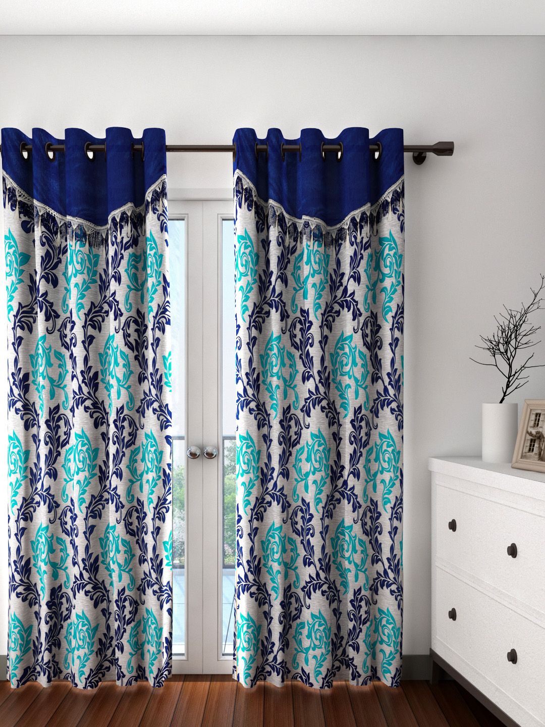 Fashion String Set of 2 Grey & Blue Tropical Print Door Curtains Price in India