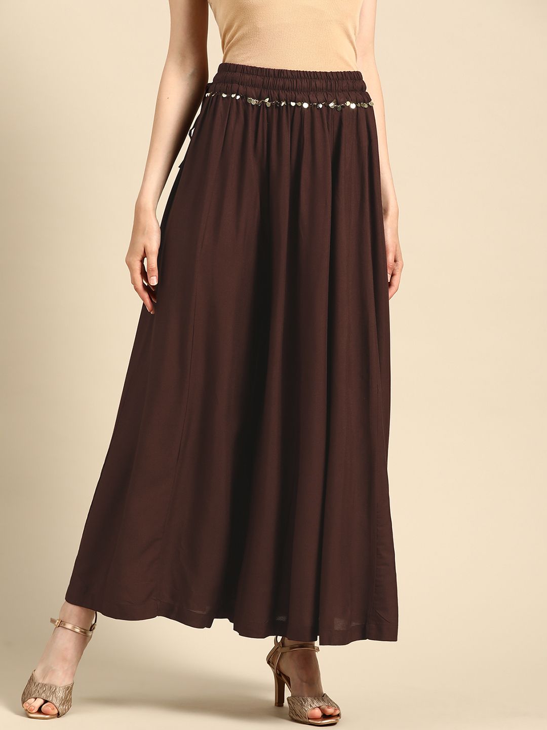 TAG 7 Women Coffee Brown Solid Flared Palazzos Price in India