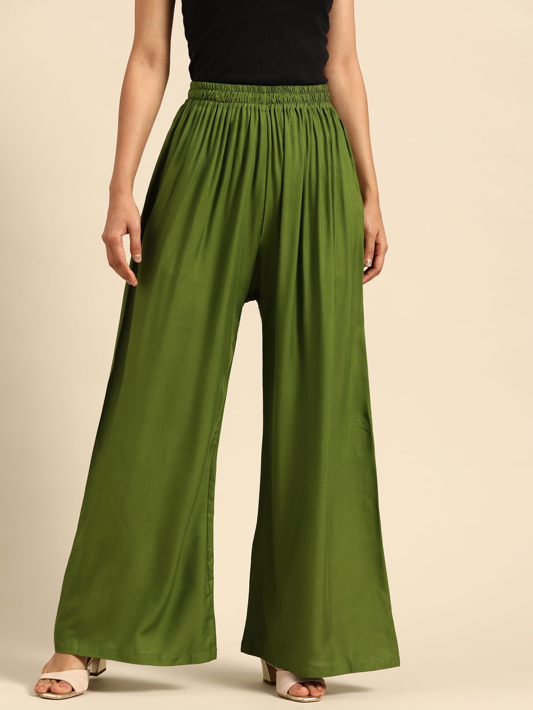 TAG 7 Women Green Solid Wide Leg Palazzos Price in India