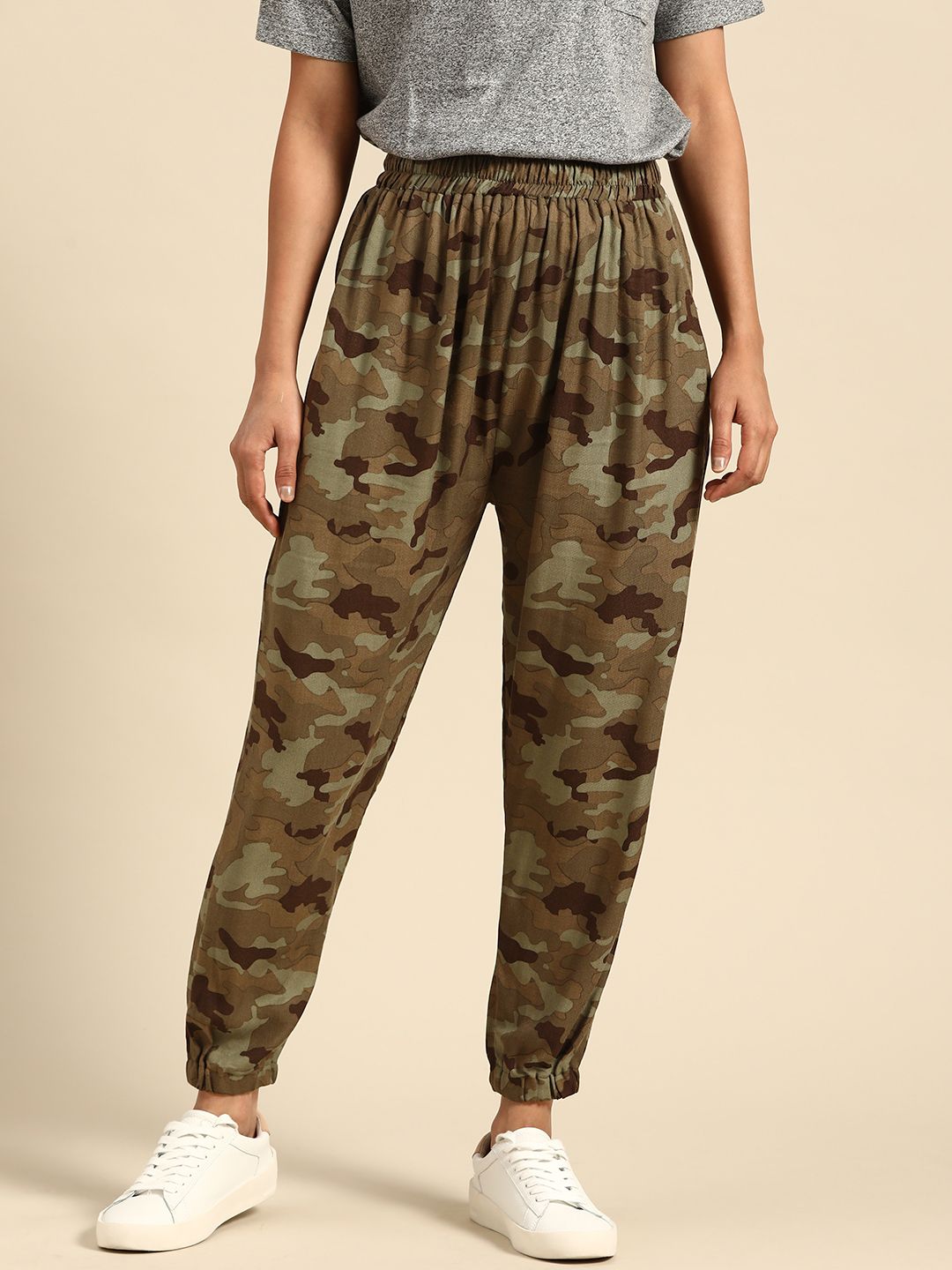 TAG 7 Women Olive Green & Brown Relaxed Fit Camouflage Print Joggers Price in India