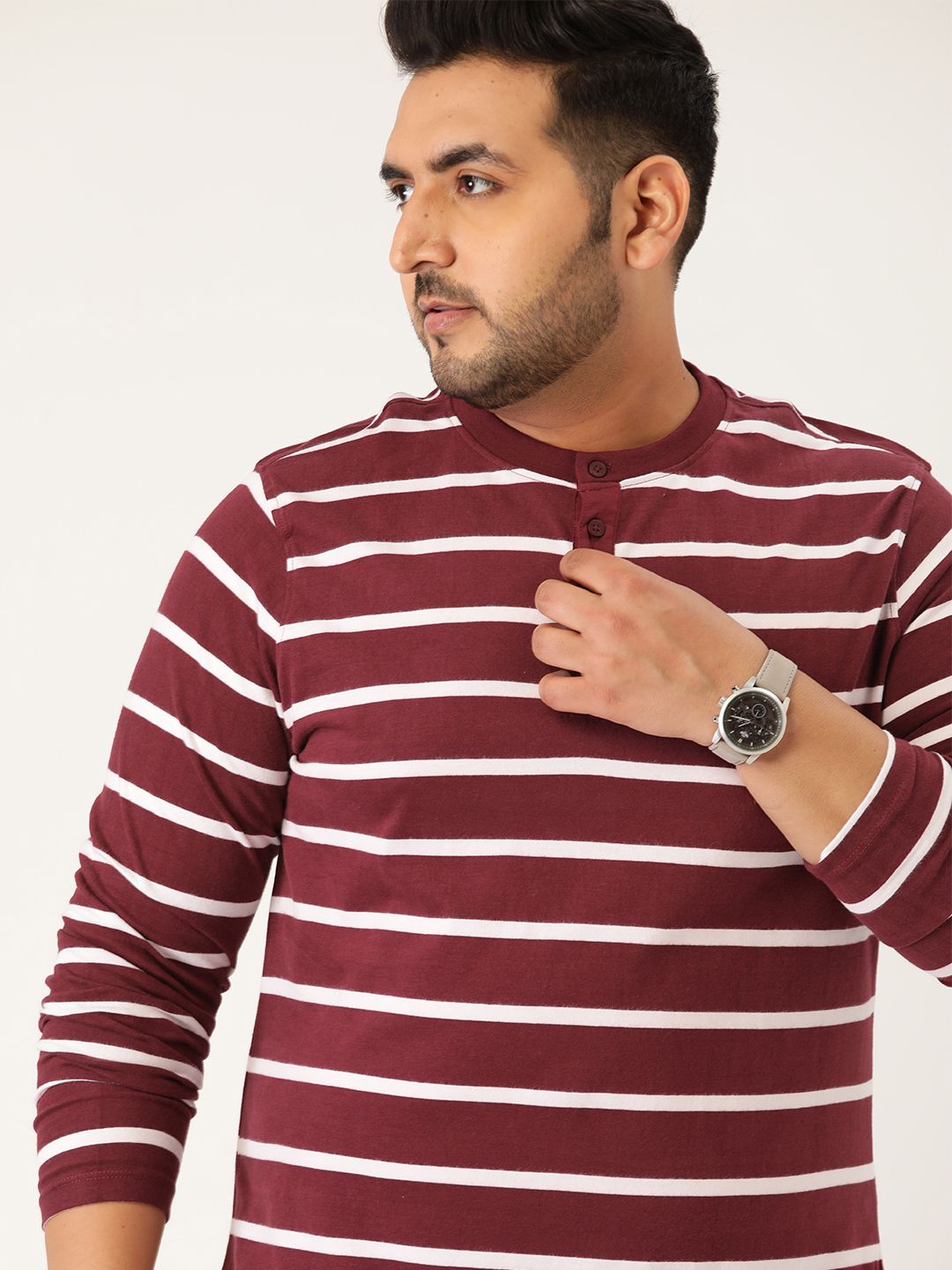 Sztori Men Plus Size Maroon & White Pure Cotton Striped Henley Neck T-shirt