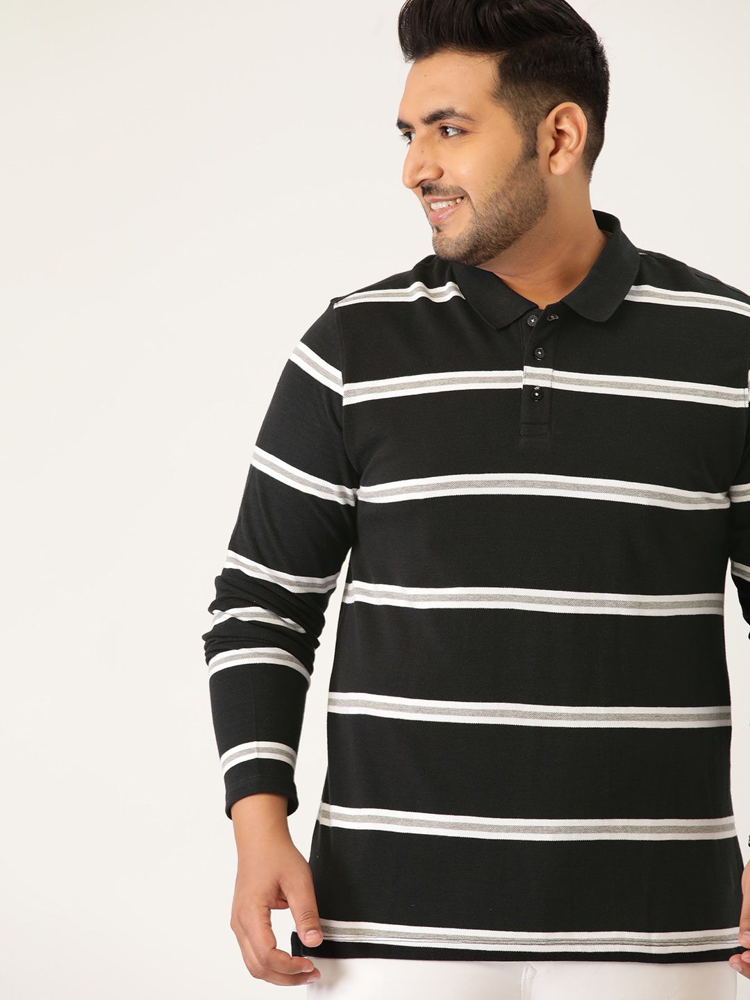 Sztori Men Plus Size Pure Cotton Black & White Yard Dyed Striped Polo Collar T-shirt