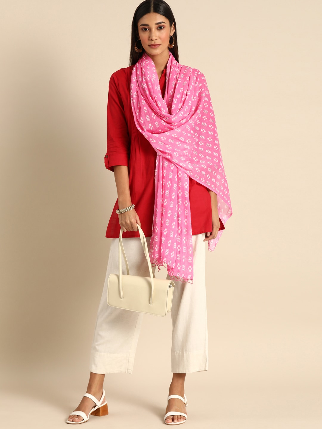 Shaily Pink & White Printed Dupatta Price in India
