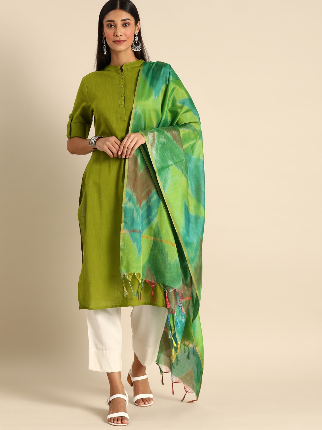 Shaily Green & Blue Printed Dupatta Price in India