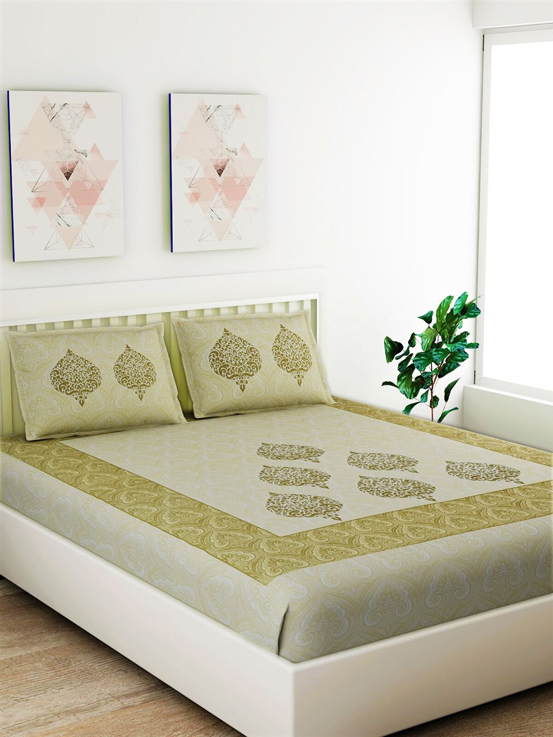 Salona Bichona Green & Beige Ethnic Motifs 120 TC Cotton 1 King Bedsheet with 2 Pillow Covers Price in India