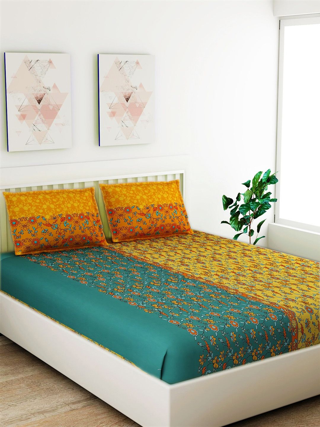 Salona Bichona Yellow & Green Floral 120 TC Cotton 1 Queen Bedsheet with 2 Pillow Covers Price in India