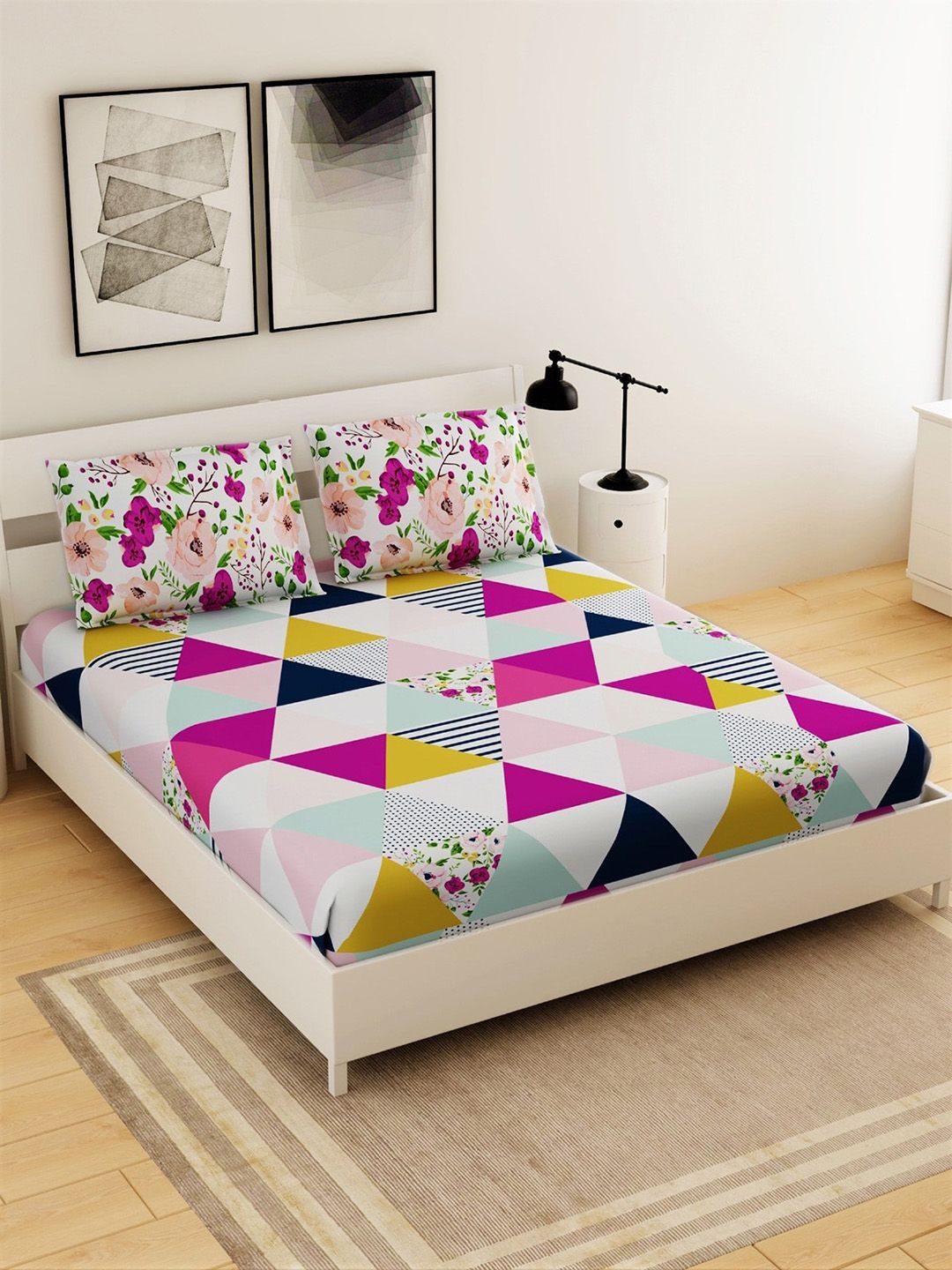 Salona Bichona White & Pink Geometric 144 TC Polyester 1 Queen Bedsheet with 2 Pillow Covers Price in India