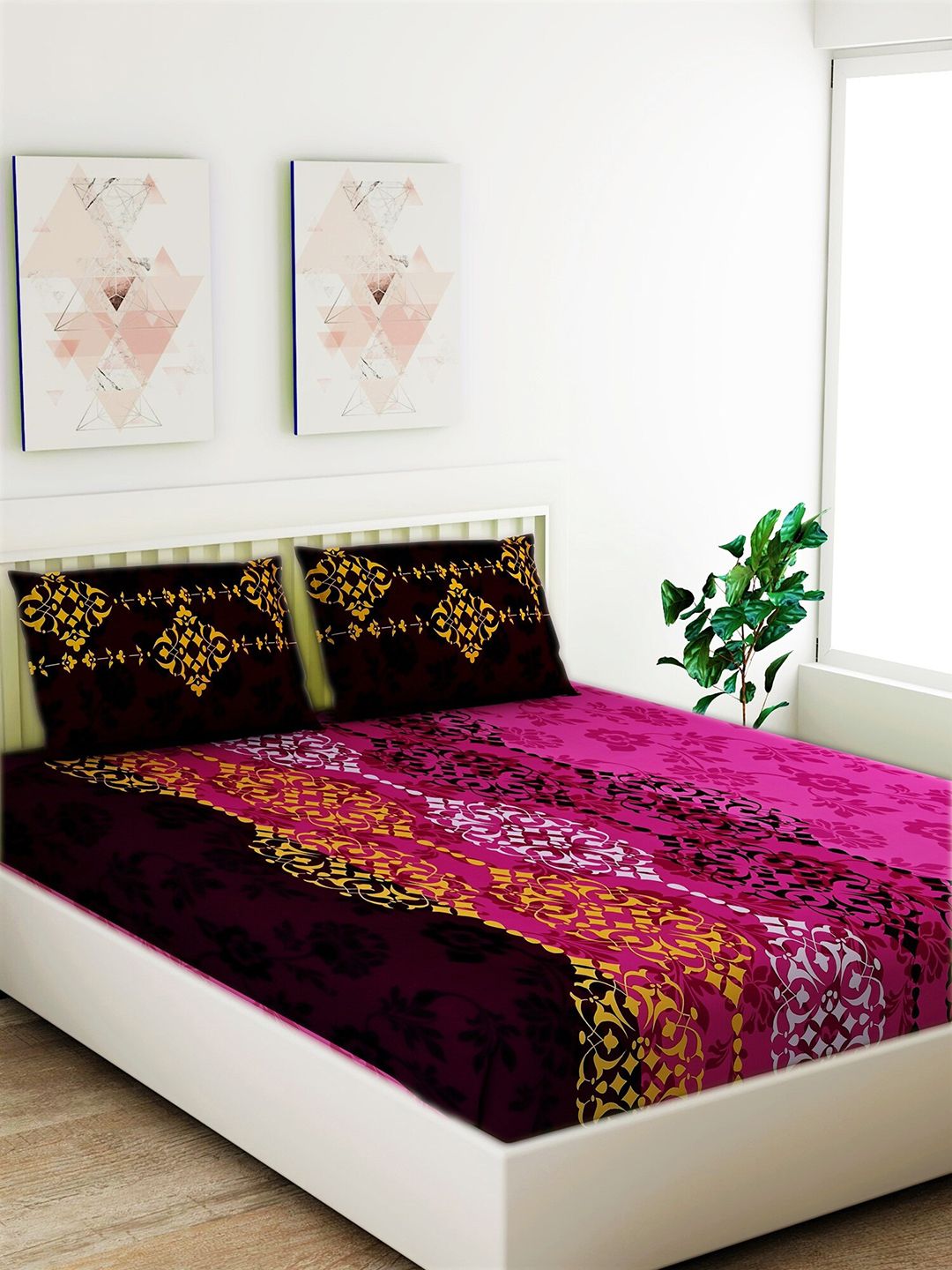 Salona Bichona Magenta & Black Ethnic Motifs 120 TC Cotton 1 Queen Bedsheet with 2 Pillow Covers Price in India