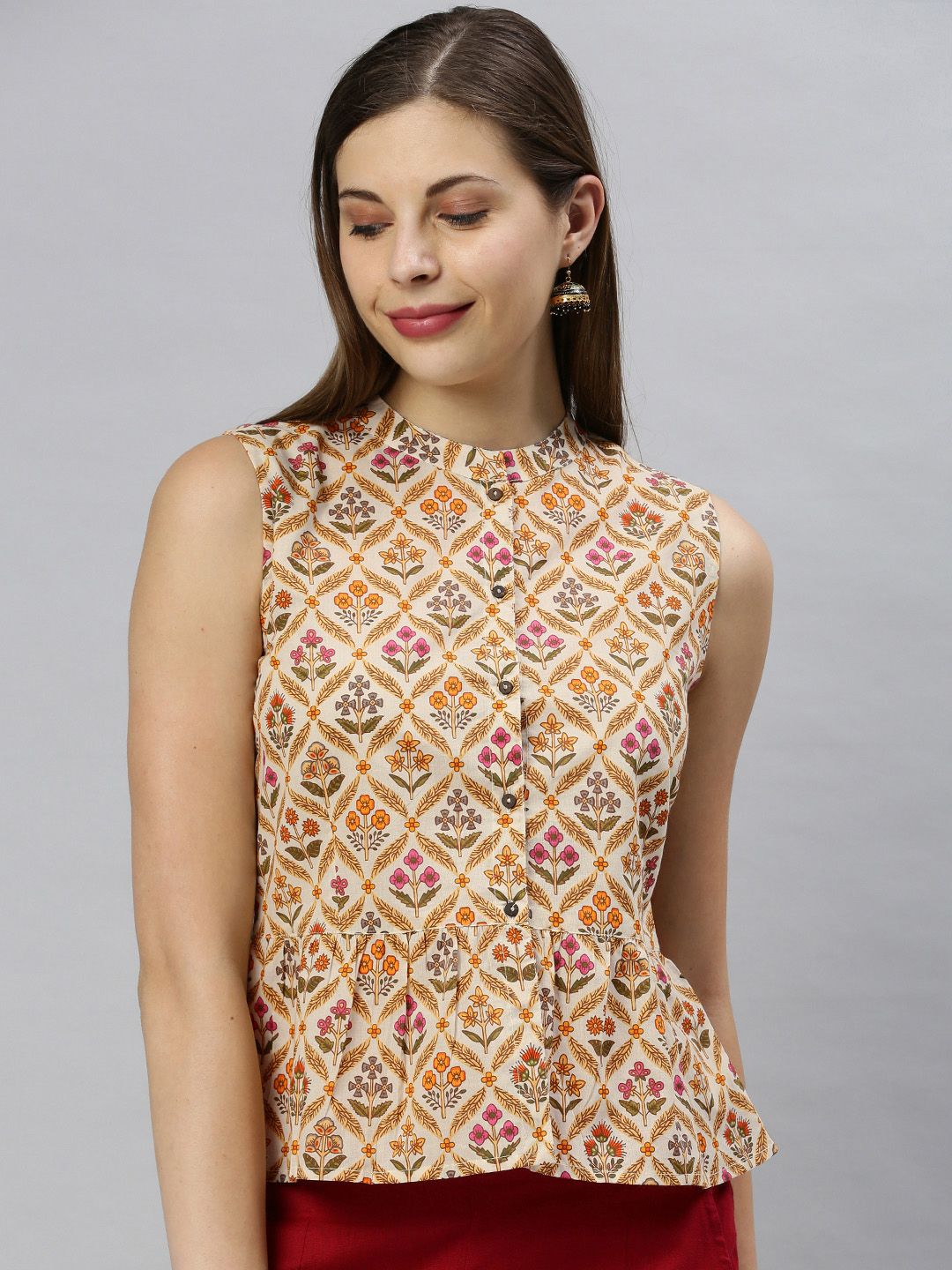 Janasya Cream-Coloured Floral Printed Mandarin Collar Peplum Top