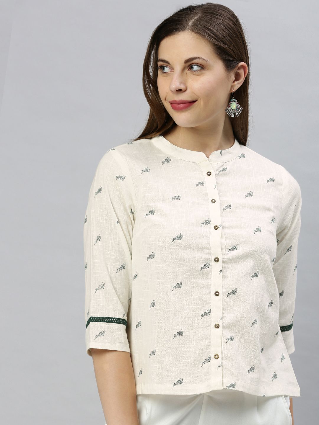 Janasya Women Off White & Black Printed Mandarin Collar Shirt Style Top
