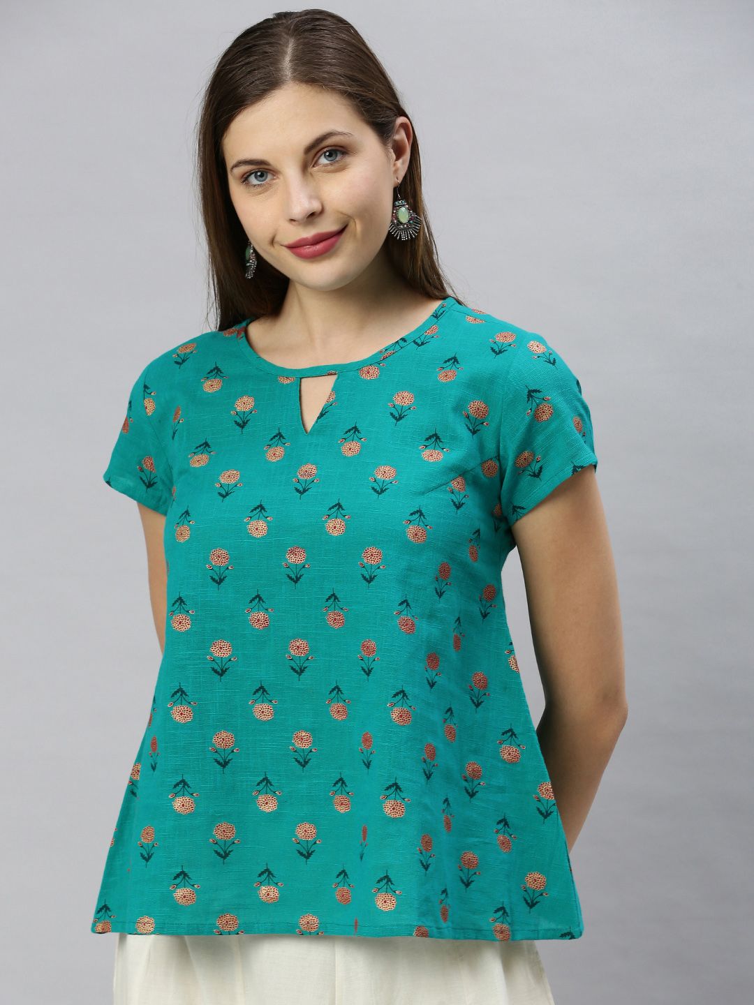 Janasya Women Teal Green & Red Floral Printed Keyhole Neck A-line Top