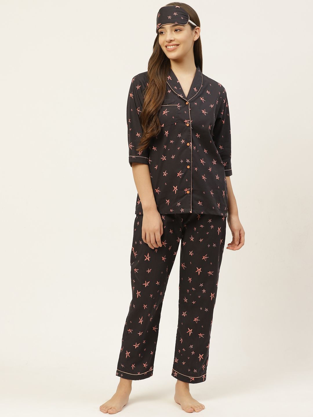 Rapra The Label Women Black & Pink Cotton Star Print Pocket Night suit With An Eye Mask Price in India