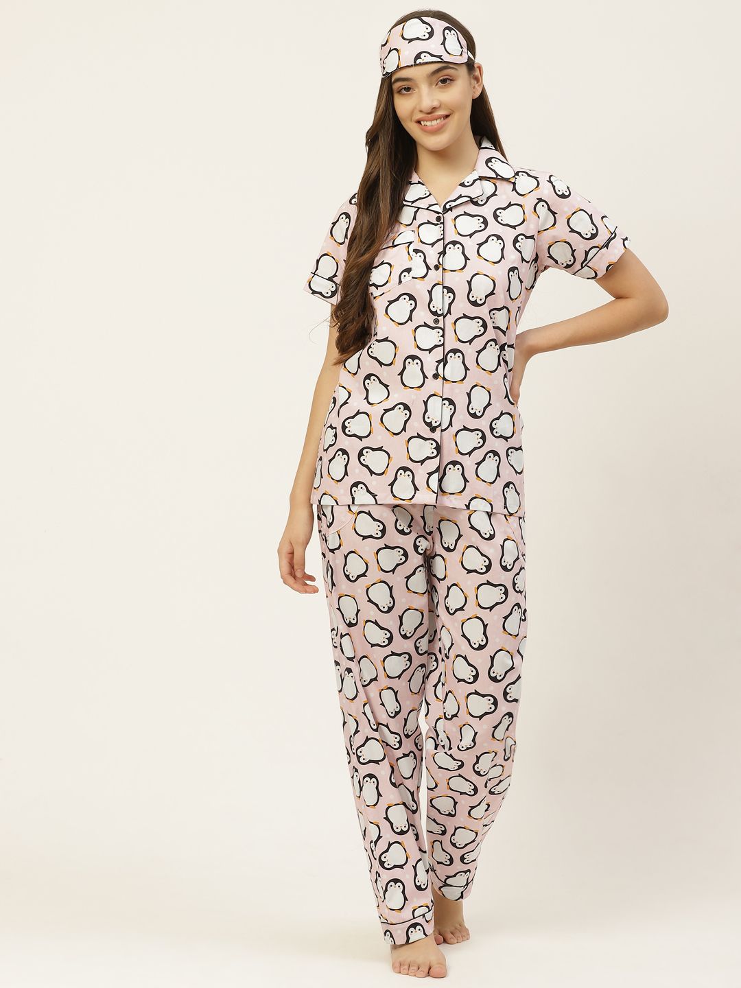 Rapra The Label Women Pink & Black Penguin Print Pure Cotton Night Suit With Eye Mask Price in India