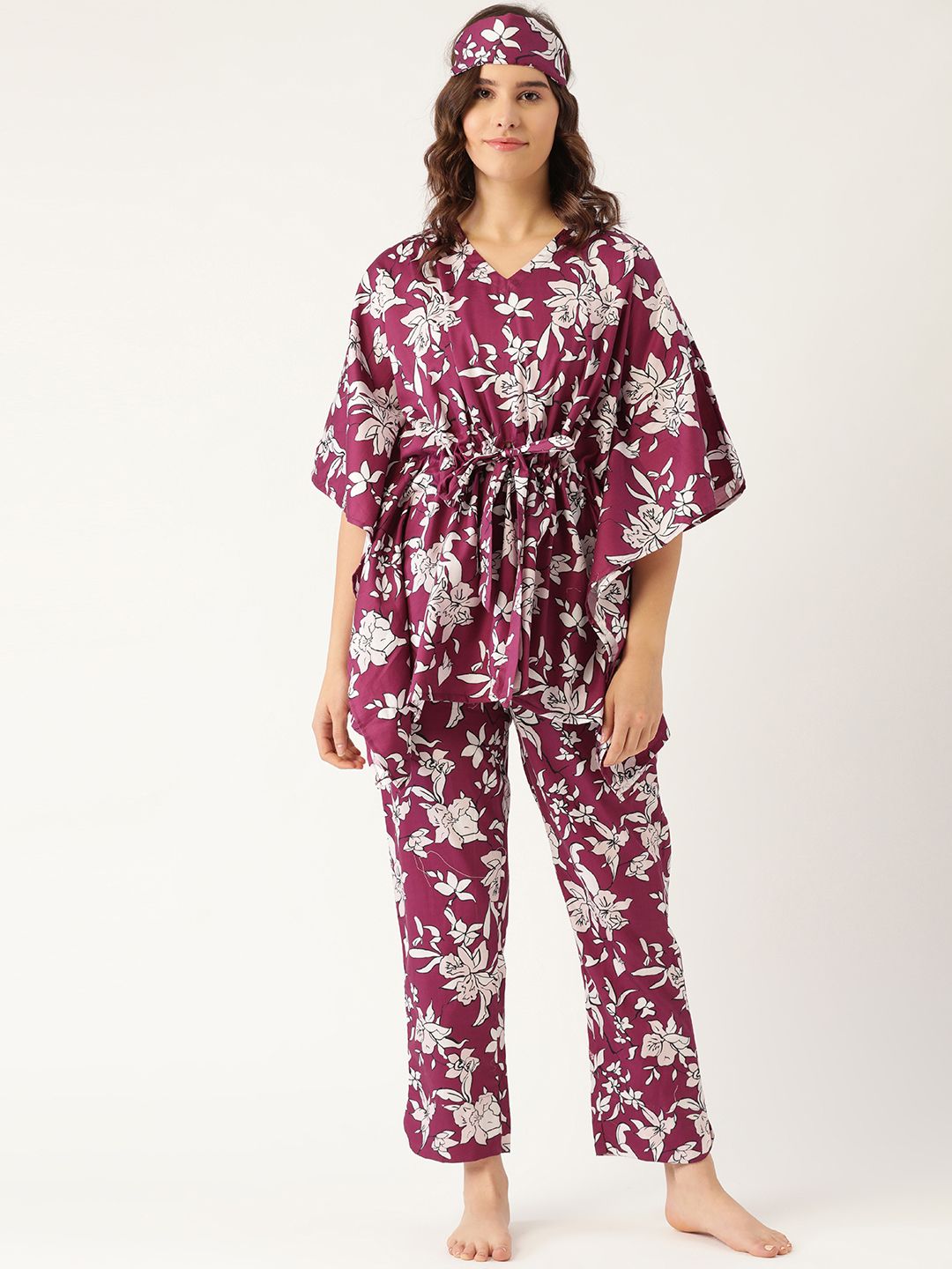 Rapra The Label Women Magenta & White Cotton Floral Printed Night suit With An Eye Mask Price in India