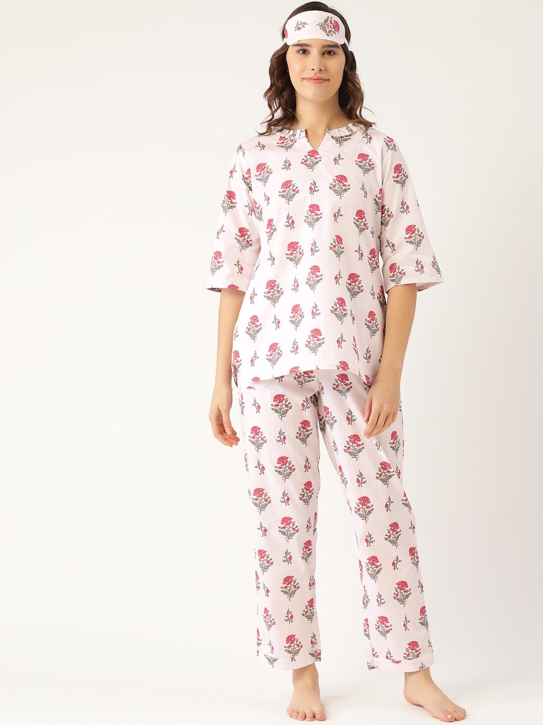 Rapra The Label Women Pink & Green Printed Pure Cotton Night Suit With Eye Mask Price in India