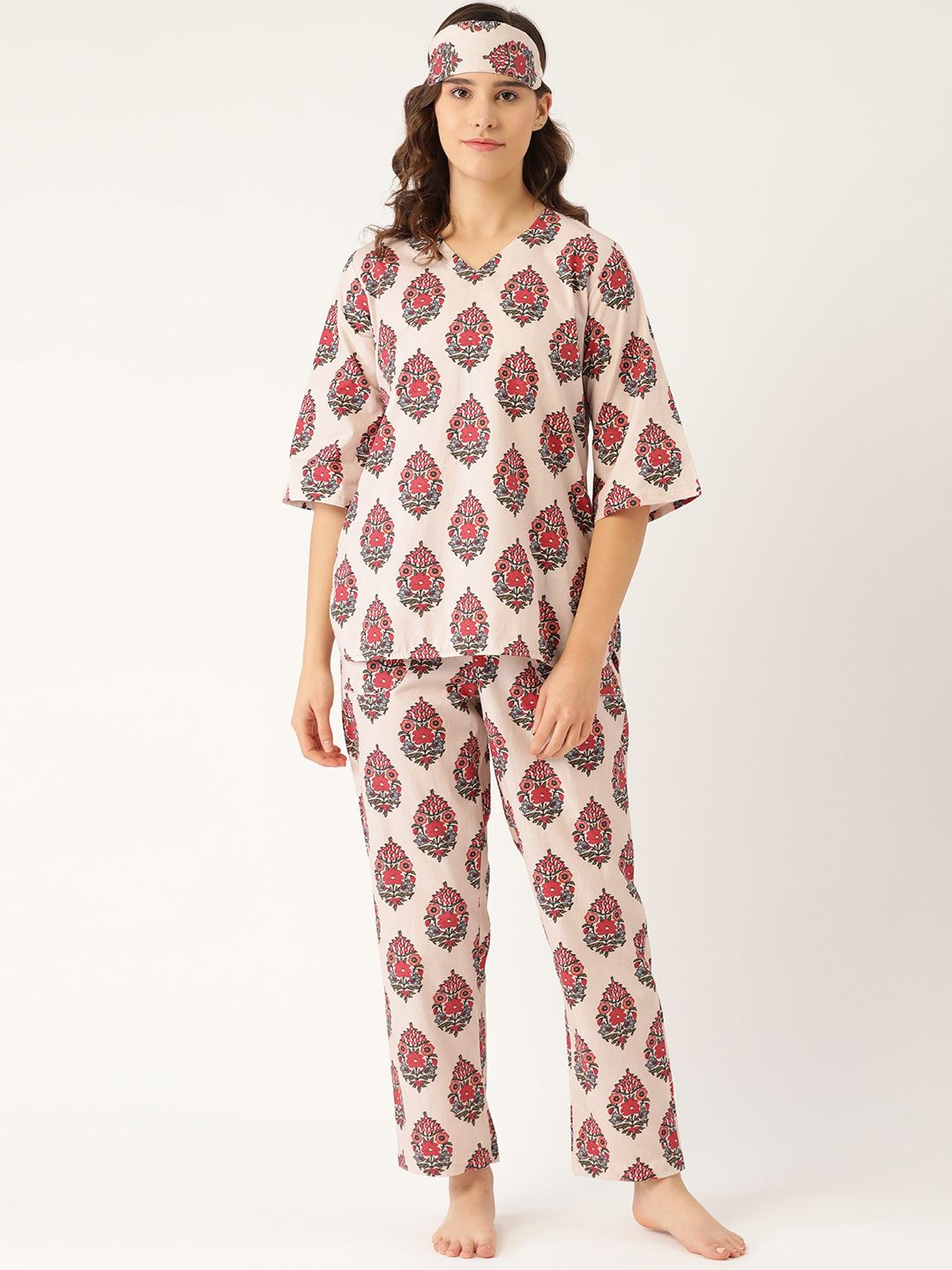 Rapra The Label Women Peach-Coloured Block Printed Pure Cotton Night Suit With Eye Mask Price in India