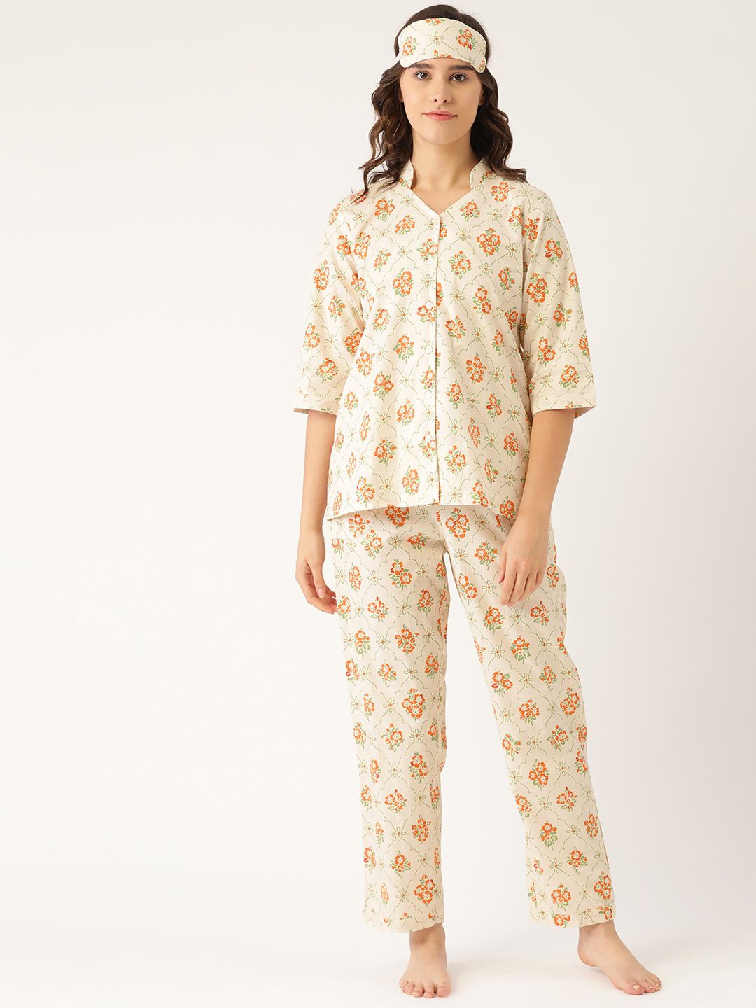 Rapra The Label Women Cream-Coloured & Orange Printed Pure Cotton Night Suit With Eye Mask Price in India