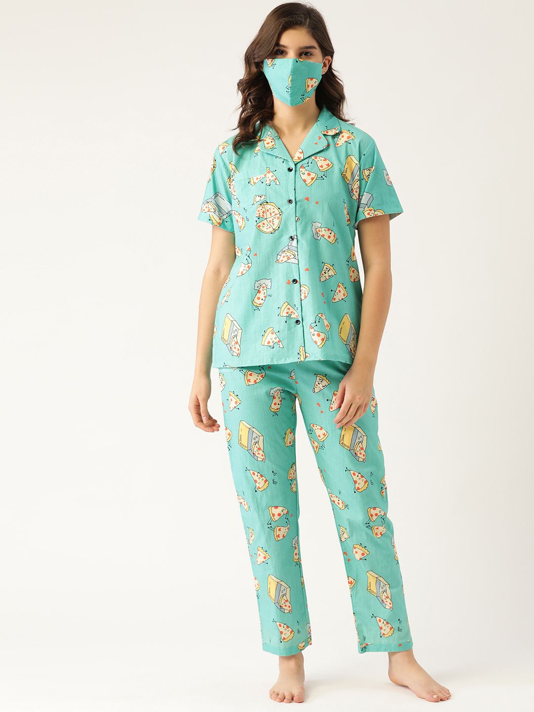 Rapra The Label Women Green  Yellow Cotton Pizza Printed Night suit Price in India