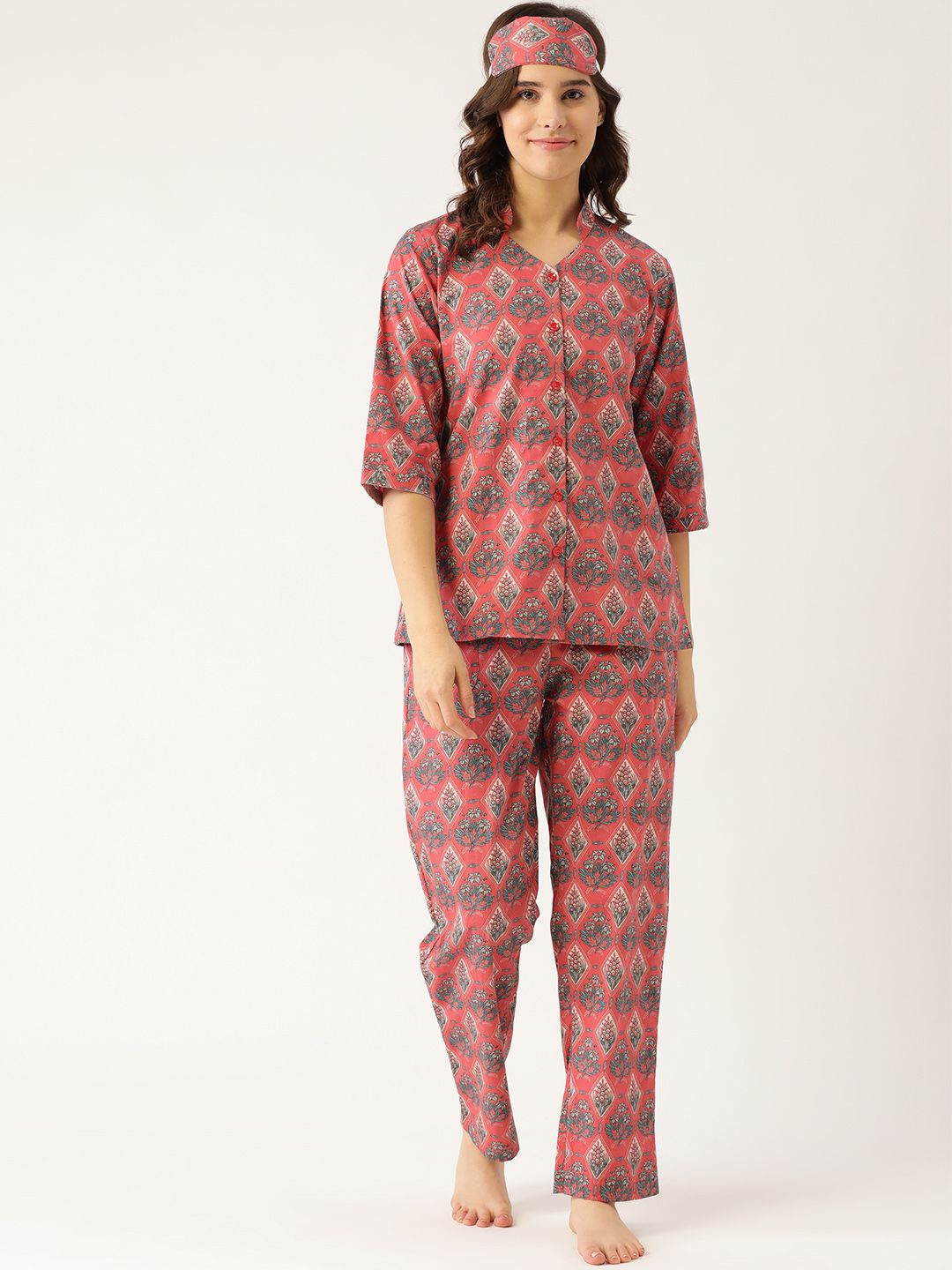 Rapra The Label Women Pink & Green Printed Night suit Price in India